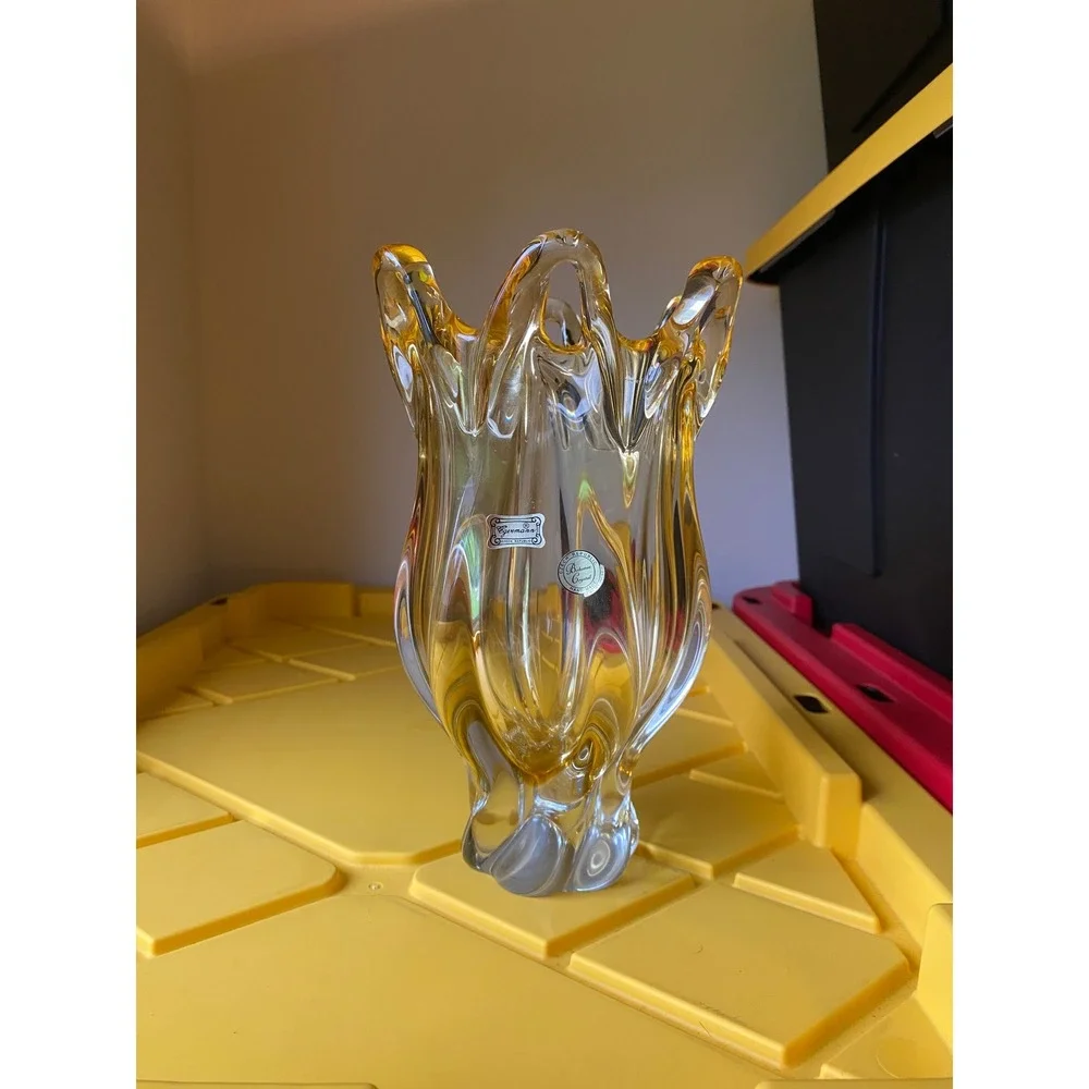 Egermann Bohemia Crystal Vase Hand Blown Amber Glass 10
